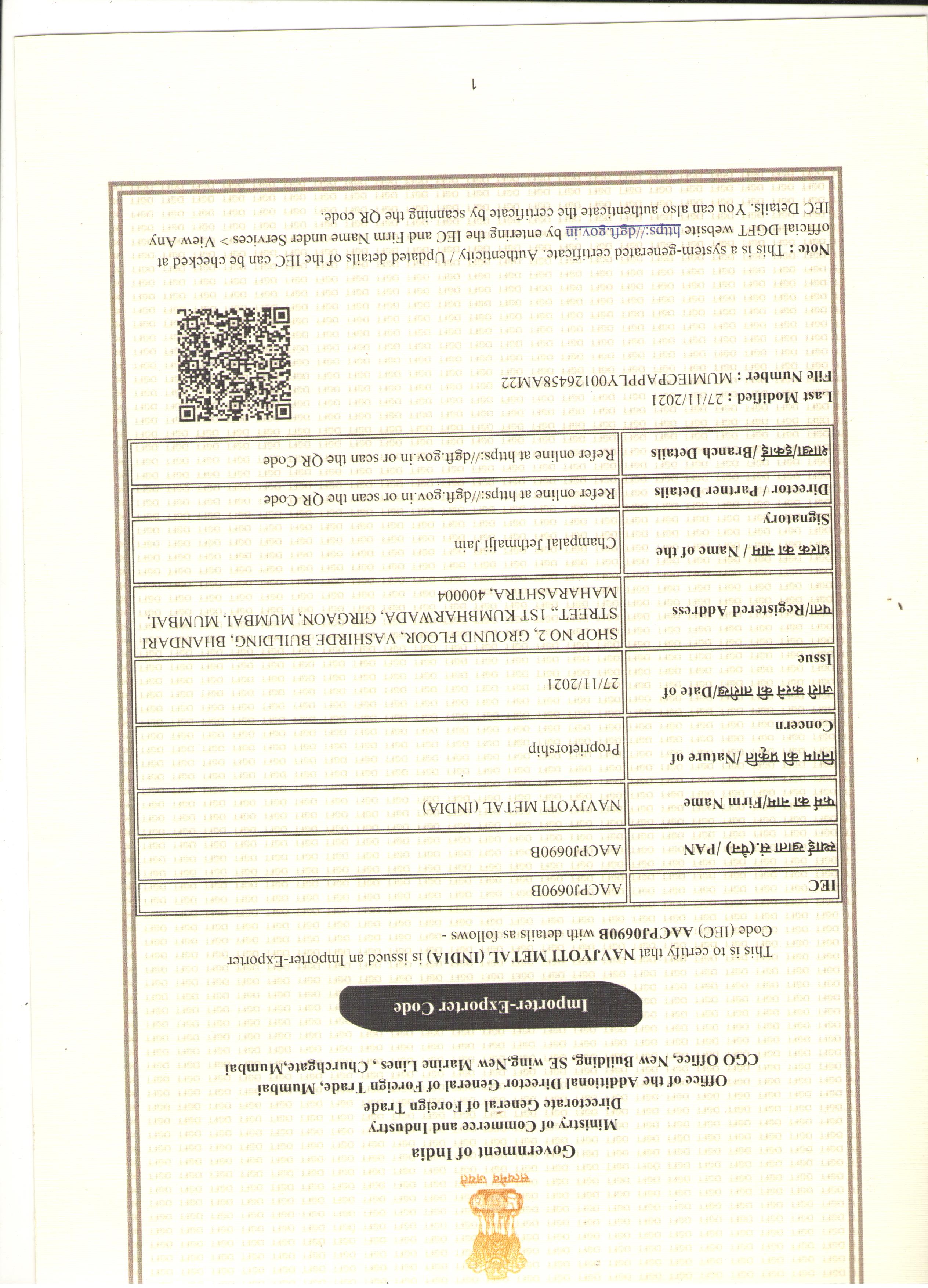 Exporter Certificate